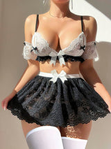 Siyah beyaz dantel fiyonklu fantezi takım